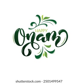 Happy Onam handwritten text. Hand lettering, modern brush ink calligraphy on colorful abstract background. Indian festival. Vector holiday illustration. Typography design for card, poster, banner