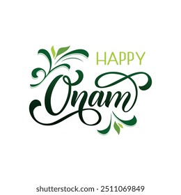 Feliz Onam texto escrito a mano. Letras a mano, caligrafía de tinta de pincel moderna sobre fondo abstracto colorido. Festival indio. Ilustración de vacaciones de Vector. Diseño de tipografía para tarjeta, cartel, Anuncio