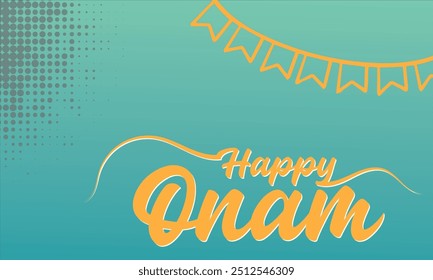 Feliz Onam texto escrito a mano. Letras a mano, caligrafía de tinta de pincel moderna sobre fondo abstracto colorido. Festival indio. vacaciones . Diseño de tipografía para tarjeta, cartel, Anuncio, Ilustración vectorial