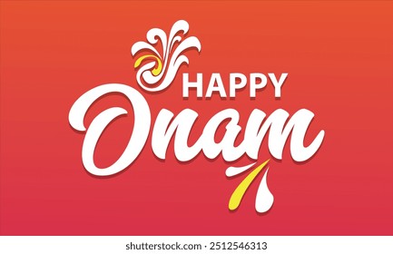 Happy Onam handwritten text. Hand lettering, modern brush ink calligraphy on colorful abstract background. Indian festival.  holiday . Typography design for card, poster, banner,  Vector  illustration