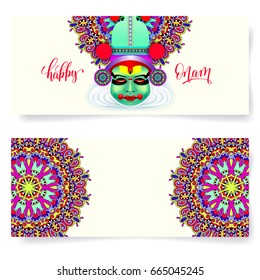 happy onam holiday horizontal greeting card banner design with indian kathakali dancer face, hand lettering text and circle floral ornament, vector illustration