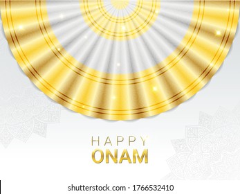 Happy Onam horizontal banner template. Harvest Hindu festival celebrated in memory of King Mahabali by Malayali people. Traditional white and gold sari for Thiruvathirakali dance and mandala ornament.