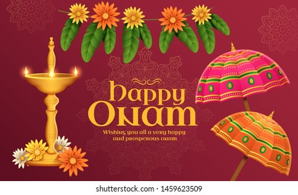 Happy Onam illustration with umbrella and marigold flowers