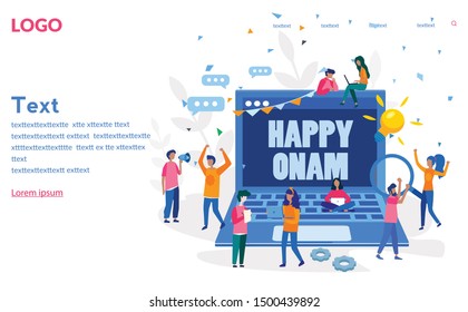 Happy Onam Kathakali,  Onam celebration, Happy Onam festival of South India Kerala with office workers, Vector illustration.for web banner, infographics, mobile website. Landing page template. 
