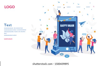 Happy Onam Kathakali,  Onam celebration, Happy Onam festival of South India Kerala with office workers, Vector illustration.for web banner, infographics, mobile website. Landing page template. 