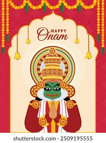 Happy Onam kathakali dancer in traditional costume kerala festival garland decoration