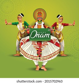 happy onam with kathakali holding banana leaf on hand, use for poster, leaflet , banner 