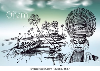 Happy Onam Kathakali illustration Onam festival of South India Kerala