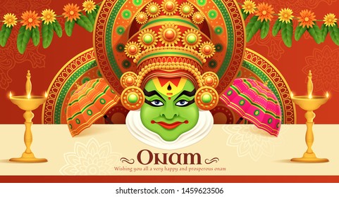 Happy Onam Kathakali illustration with marigold and umbrella elements