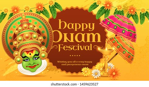 Happy Onam Kathakali illustration with marigold and umbrella elements