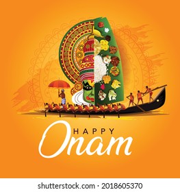 Happy Onam With Kathakali And Kerala Boat Race, Use For Poster, Leaflet , Banner 