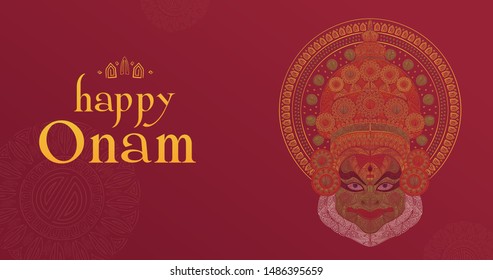 Happy Onam Kathakali line art illustration on burgundy red background with ornament