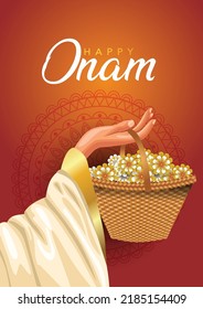 Happy Onam With Kerala Girl Holding Flower Basket On Hand, Use For Poster, Leaflet , Banner 