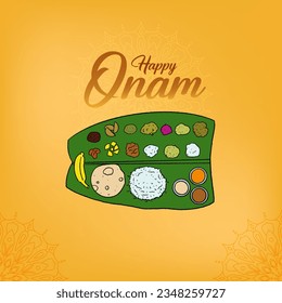 Happy Onam lettering with banana leaf and south Indian food illustration with festive background. 