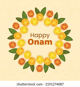 Happy Onam Lettering With Marigold Flowers And Mango Leaves In Circular Shape On Pastel Yellow Paisley Background.