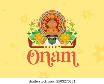 Happy Onam Logo Unit or Typography. Vector Design for sales promotion during the season. Kathakali illustration.