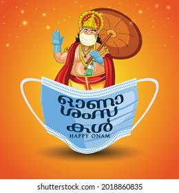 happy onam malayalam lettering with mahabali and face mask. corona virus , covid 19 concept.(Malayalam translation : happy onam)	