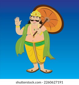 Happy onam a man in traditional attire holding an umbrella on blue color background.