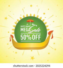 Happy Onam Mega Sale offer Premium Logo, Symbol, Sign, banner, Poster, Tag, Sticker, Floral design, boat race, Vector, icon, Illustration, Umbrella, South Indian Festival celebration Background.