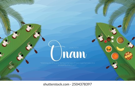 Happy Onam Post and Greeting Card. Minimal and Modern Onam Festival Poster and Flyer Template with Text and Onam Boat Race Vector Illustration.