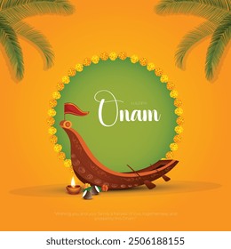 Feliz Onam Post y Tarjeta de Felicitación. Mínimo y moderno Festival de Onam Póster y Plantilla de volante con texto y Ilustración vectorial de la carrera de botes de Onam.