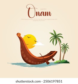 Happy Onam Post and Greeting Card. Minimal and Modern Onam Festival Poster and Flyer Template with Text and Onam Boat Race Vector Illustration.