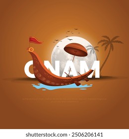 Happy Onam Post and Greeting Card. Minimal and Modern Onam Festival Poster and Flyer Template with Text and Onam Boat Race Vector Illustration