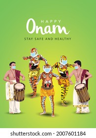 happy onam Poster Or Banner design with chenda melam and pulikali. covid 19, corona virus concept. vector illustration
