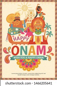 Happy Onam poster design with Mahabali king and kathakali dancer on beige background