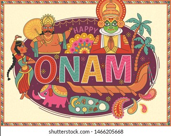 Happy Onam poster design with Mahabali king and kathakali dancer on purple background