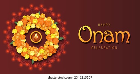 Happy Onam Poster Design with Marigold Rangoli