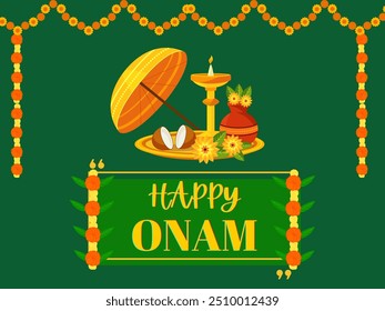 Happy Onam poster in green background. Vector Illustration. Indian harvest celebration festival.