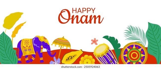 Happy Onam poster, greeting card, banner  template. Indian Kerala festival happy onam greetings background. Vector illustration