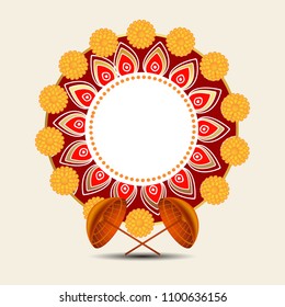 Happy Onam, Rangoli Greeting Design with Flowers and Leaves.