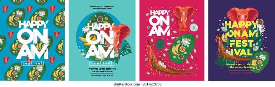 Happy Onam. Religious Festival Of South India Kerala.
Vector Illustration Of Indian Boat, Traditional Leaf Food, 
Elephant And Text. Drawings For Poster, Background Or Cover
