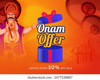 Póster o diseño de Anuncio con oferta de descuento y sorprendente caja de regalo sobre fondo naranja decorado con King Mahabali y paraguas onam.