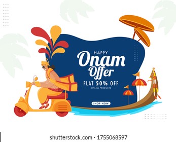 Happy Onam Sale Poster Design with 50% Discount Offer, Aranmula Boat and King Mahabali Driving Scooter on Abstract Background.