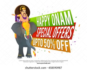 Happy Onam Sale and Special Offers with Upto 50% Off, Creative colorful paper banners and illustration of King Mahabali riding on an elephant, Concept for South Indian Famous Festival celebration.