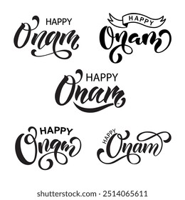 Conjunto de texto escrito a mano de Happy Onam. Letras a mano, caligrafía de tinta de pincel moderna aislada sobre fondo blanco. Festival indio. Ilustración de vacaciones de Vector. Diseño de tipografía para tarjeta, cartel, Anuncio