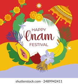 Happy Onam social media story feed mockup template. Indian Kerala festival happy onam greetings background. Vector illustration