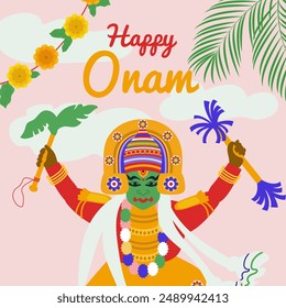 Happy Onam social media story feed mockup template. Indian Kerala festival happy onam greetings background. Vector illustration