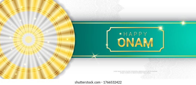 Happy Onam sparkling gold letters horizontal banner template. Harvest Hindu festival Malayali people celebrate in Kerala. Traditional Thiruvathirakali dance white and gold sari and mandala ornament.