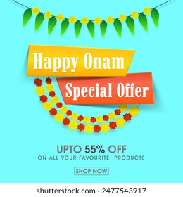 Happy Onam Special Discount Offer, Illustration von König Mahabali auf Elefanten und Schlangenboot, Kann als Aufkleber, Tag oder Label-Design verwendet werden.