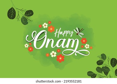 Happy Onam Typographic Illustration With Flower And Leaf, Onam  Festival  Kerala