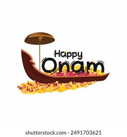 Ilustración tipográfica feliz de Onam con la flor y el barco