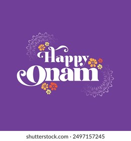 Diseño feliz de la tipografía de Onam con la flor