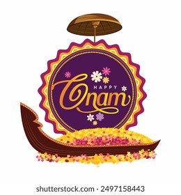 Diseño feliz de la tipografía de Onam con el paraguas y el barco de Kerala