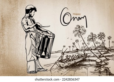 Feliz celebración del vector Onam arte chenda melam dibujo a mano ilustración sur de india