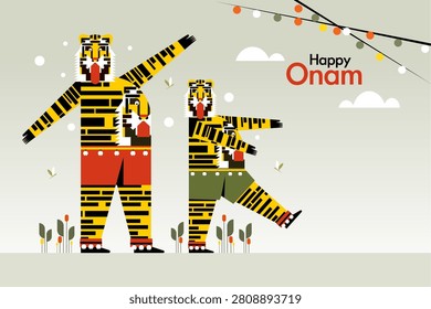 Happy Onam vector illustration featuring traditional Pulikali tiger dancers performing during Kerala's famous harvest festival celebration, showcasing vibrant folklore and cultural heritage