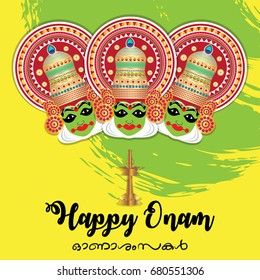 Happy Onam vector illustration for south indian festival in kerala. Kathakali,  and traditional elements. Translation: Happy Onam